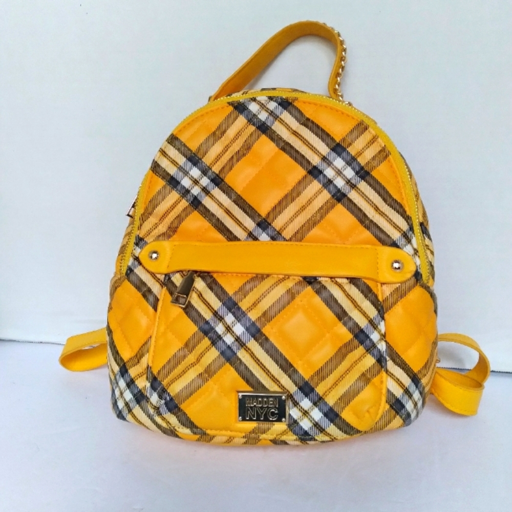 Madden NYC Mini Backpack‎ Yellow Plaid Quilted Fashion Bag Purse